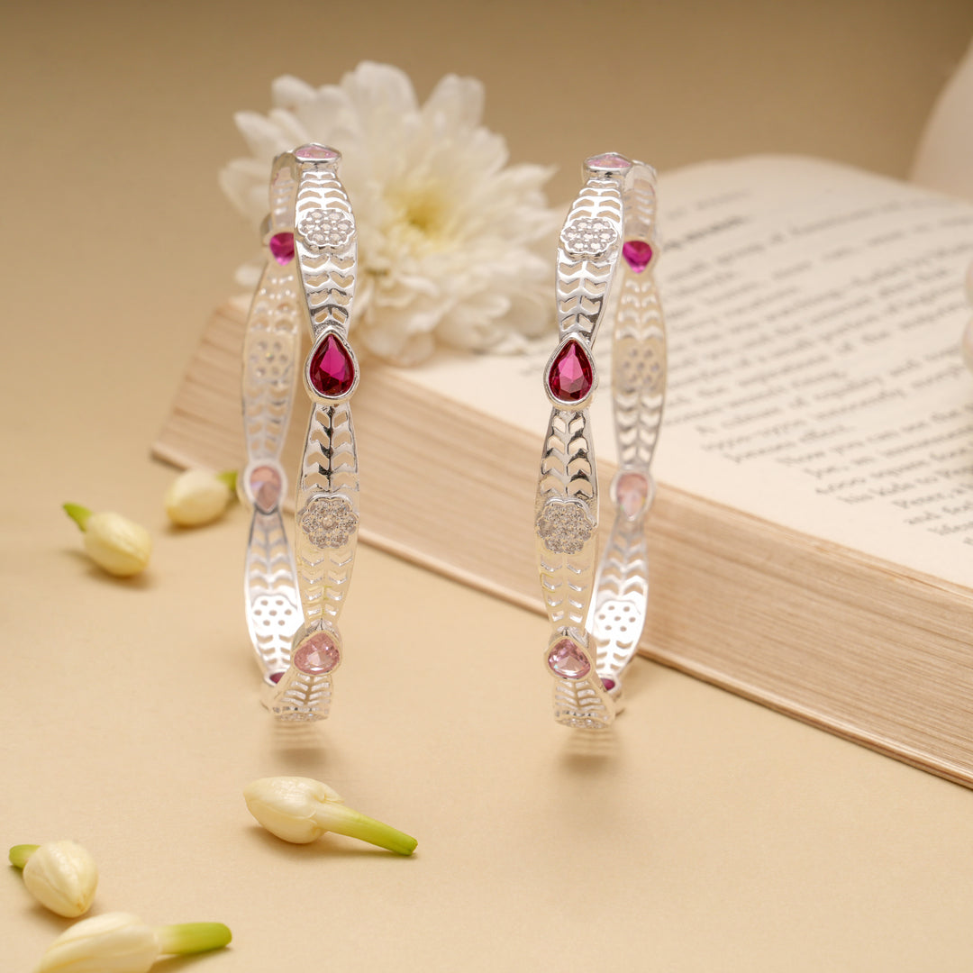 Graceful Pink Stone Silver Bangle