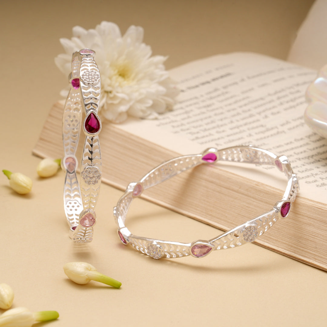 Graceful Pink Stone Silver Bangle