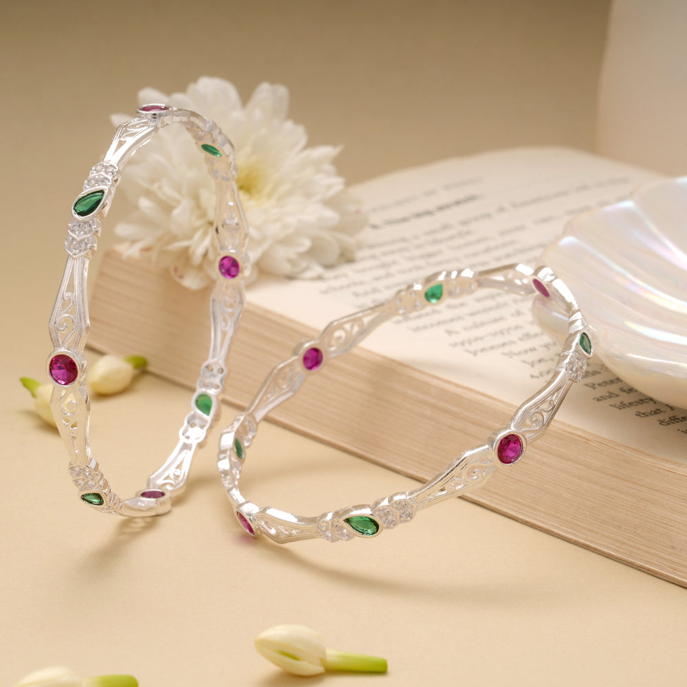 Trendy Ruby and Green Stone Silver Bangle