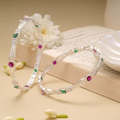 Trendy Ruby and Green Stone Silver Bangle