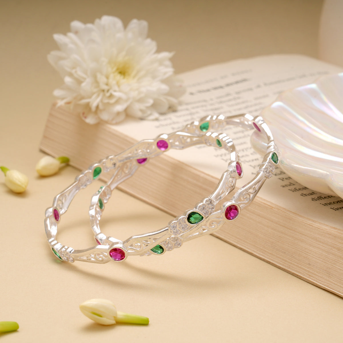 Trendy Ruby and Green Stone Silver Bangle