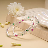 Trendy Ruby and Green Stone Silver Bangle