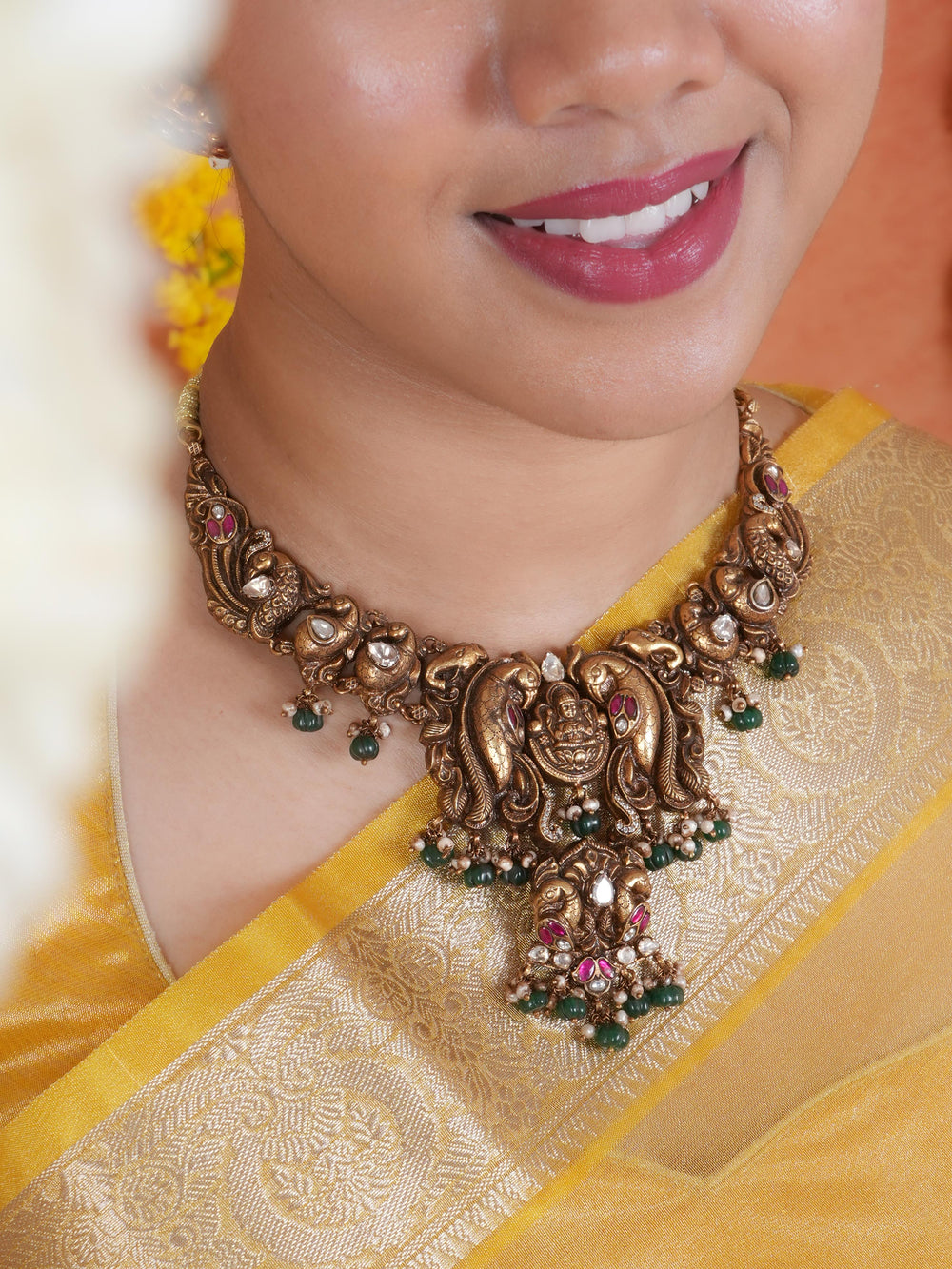 Elegant Emerald Beads and Ruby Lakshmi