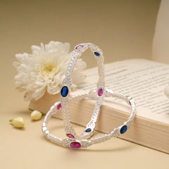 Elegant Pink and Blue Stone Silver Bangle