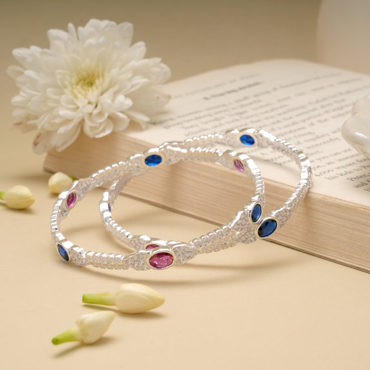 Elegant Pink and Blue Stone Silver Bangle