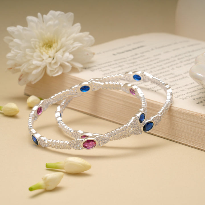 Elegant Pink and Blue Stone Silver Bangle