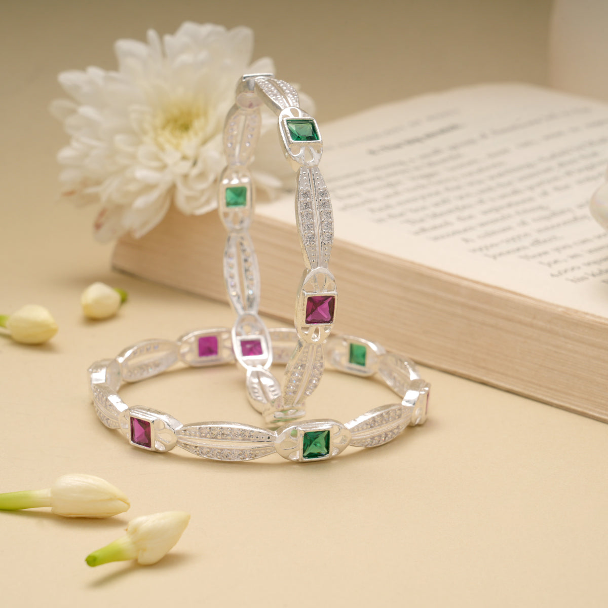 Square Green and Pink Stone Silver Bangle