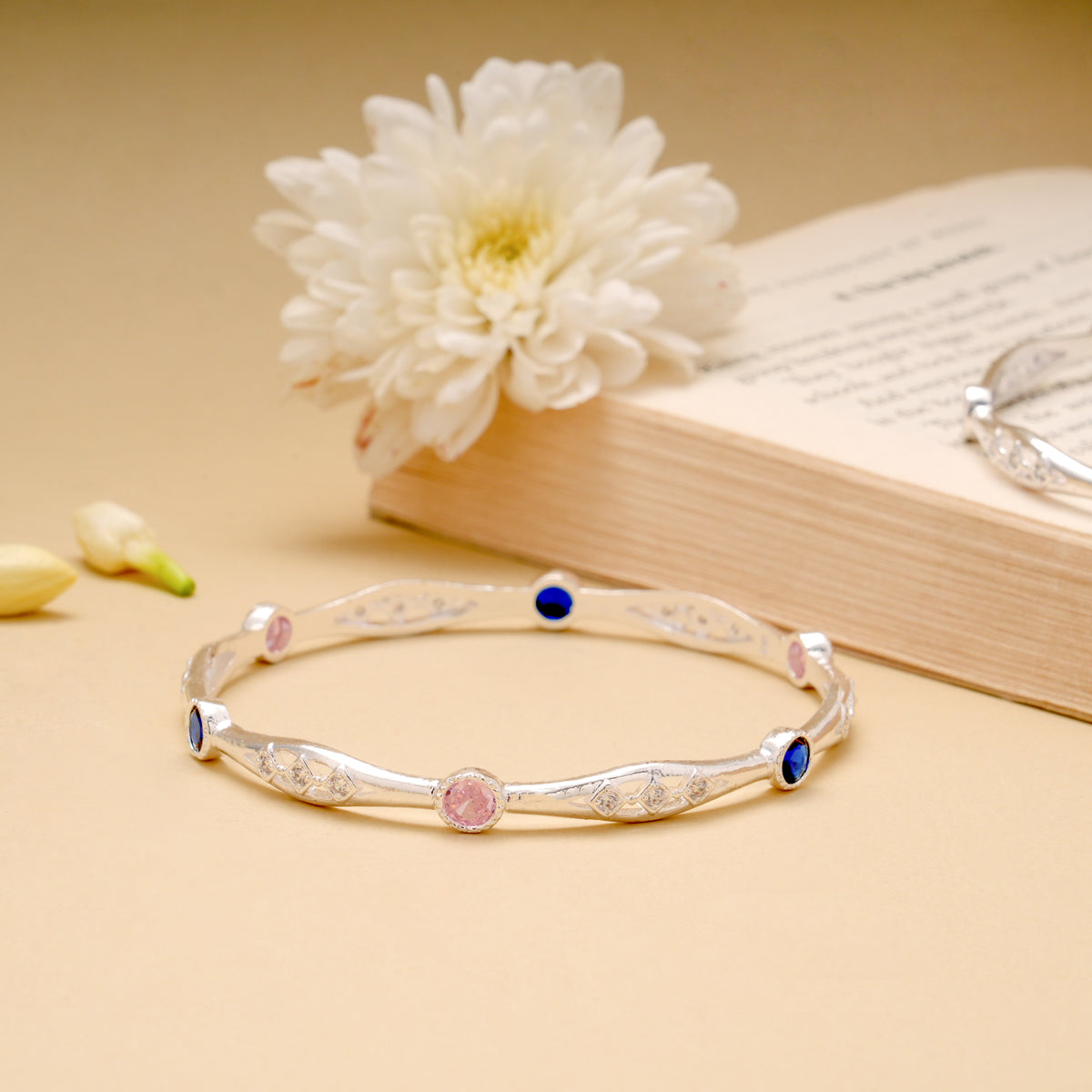 Blue and Pink Stone Silver Bangle