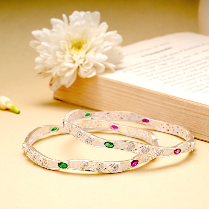 Pink and Green Stone Silver Bangle