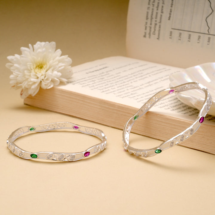 Pink and Green Stone Silver Bangle