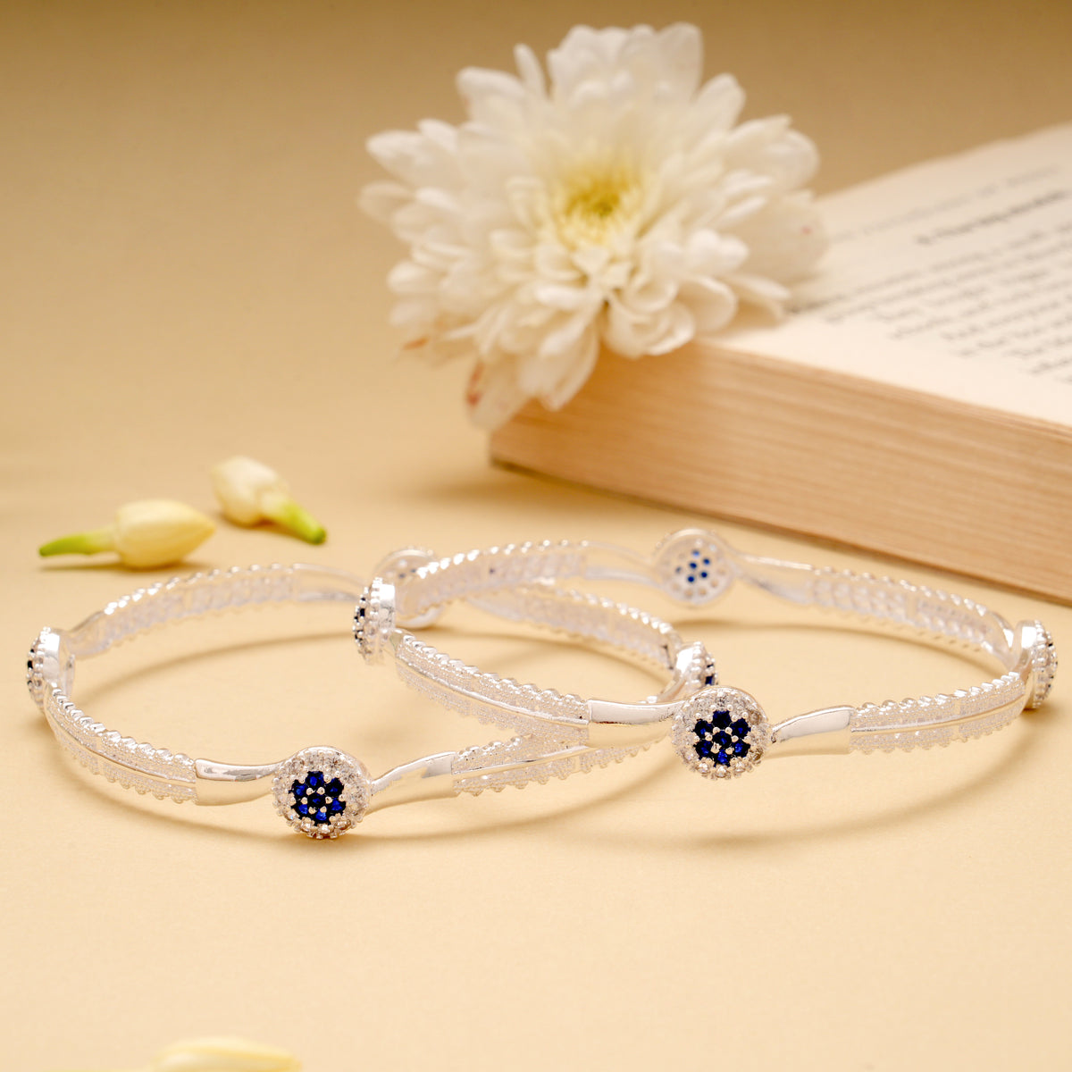 Curved Flower Design Silver Bangle