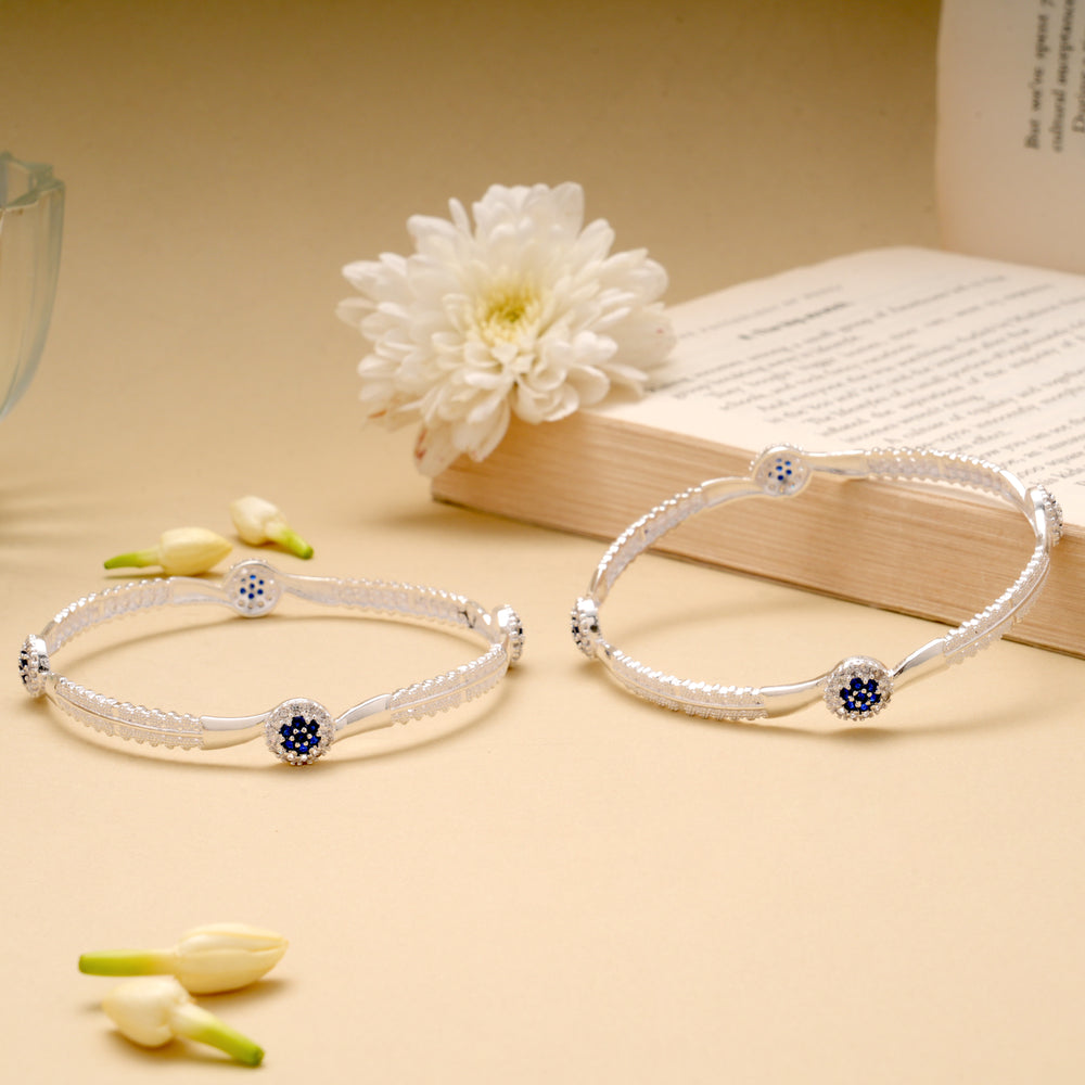 Curved Flower Design Silver Bangle