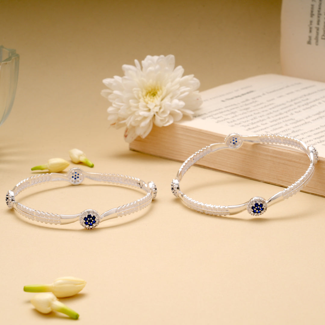 Curved Flower Design Silver Bangle