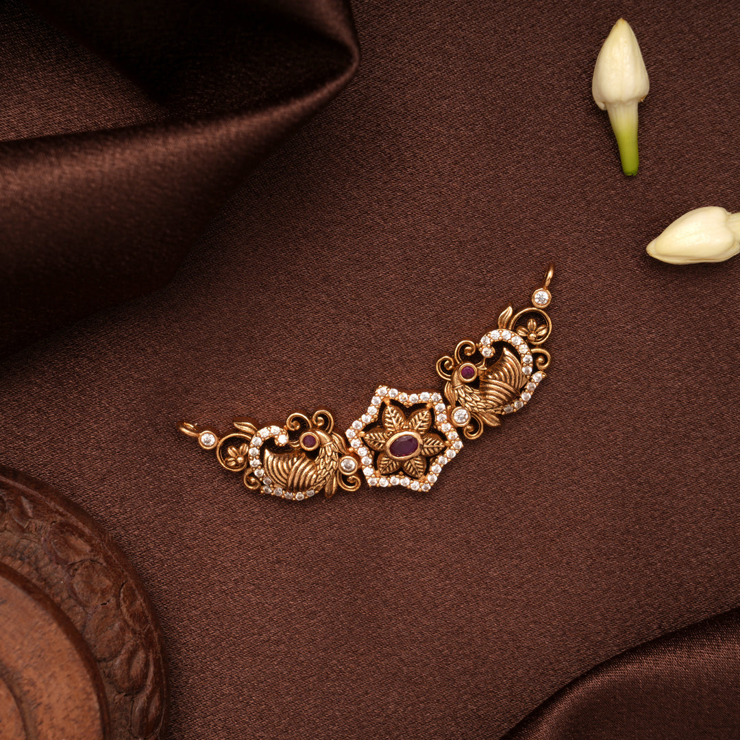 Traditional Dual Peacock Floral Ruby Golden Pendant