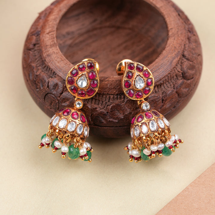 Ethnic Mango Design Kundan Ruby Golden Jhumka
