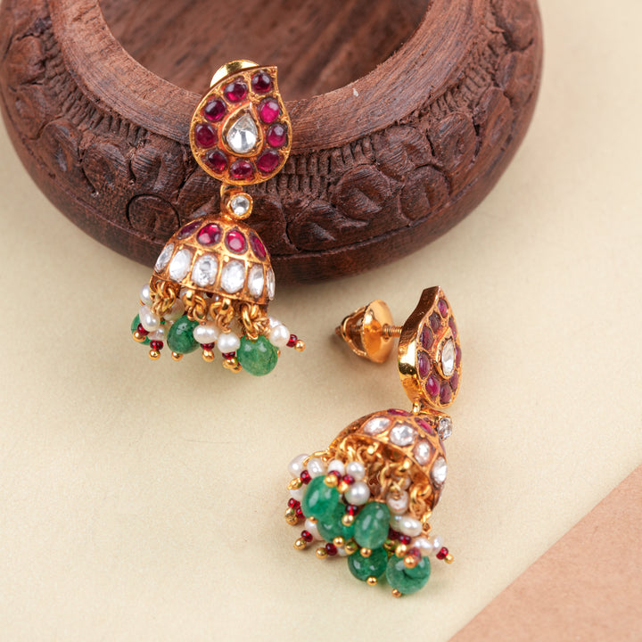 Ethnic Mango Design Kundan Ruby Golden Jhumka