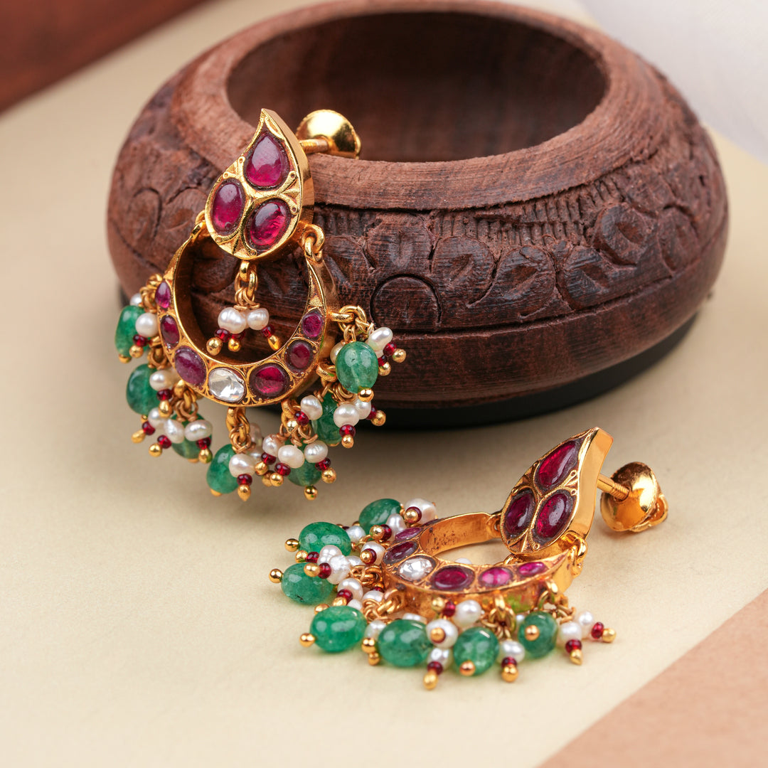 Ethnic Ruby Kundan Golden Chand Bali Earring