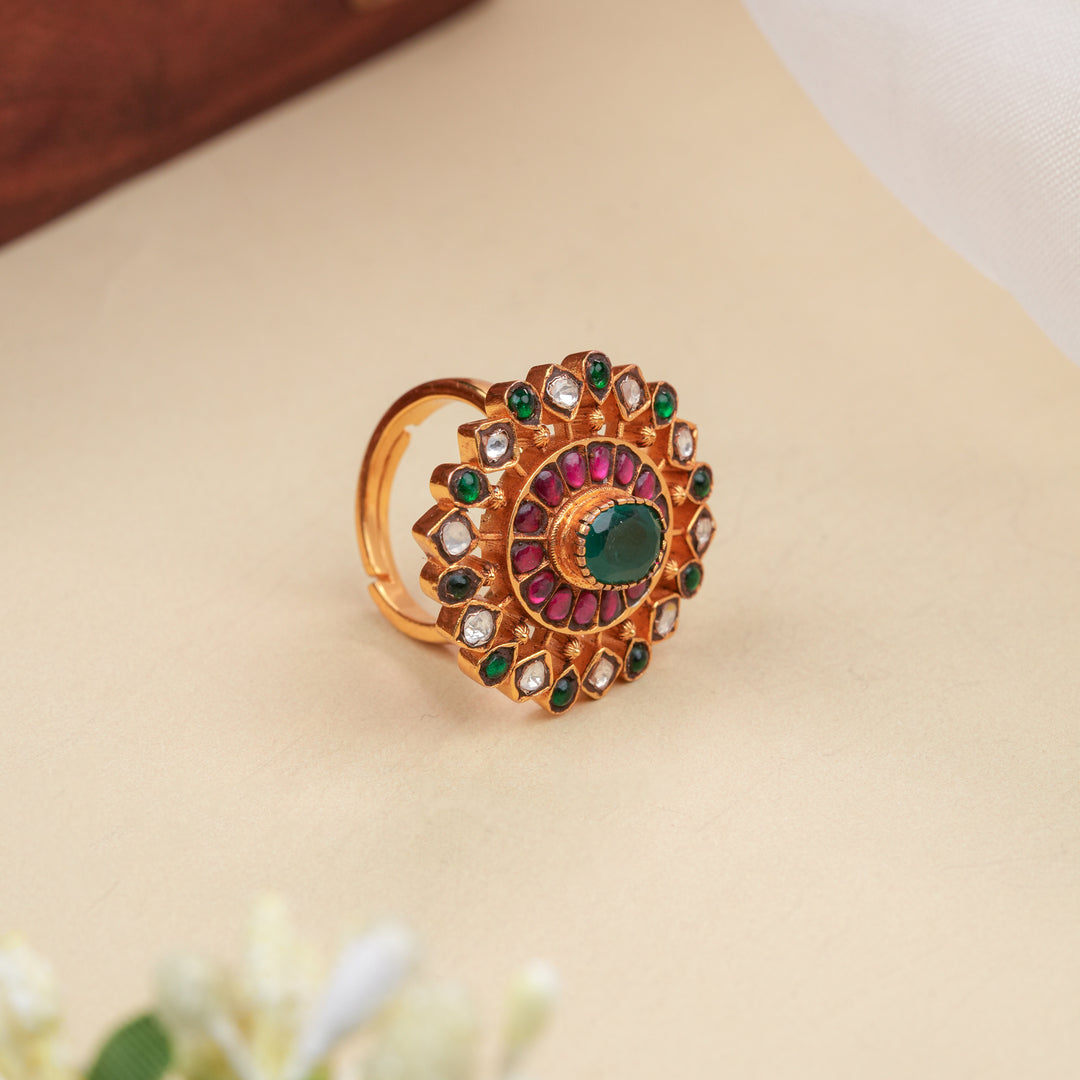 Traditional Floral Kundan Ruby Emerald Ring