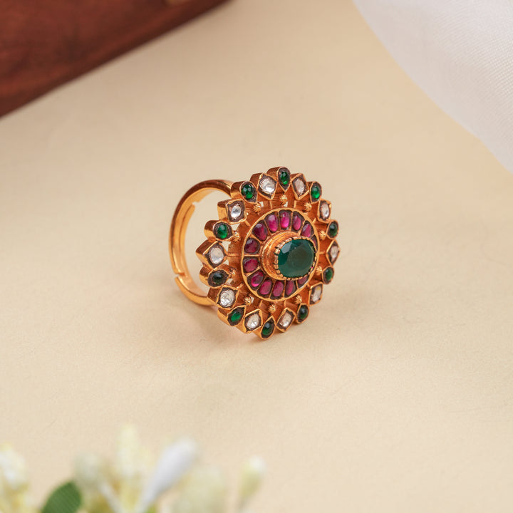 Traditional Floral Kundan Ruby Emerald Ring
