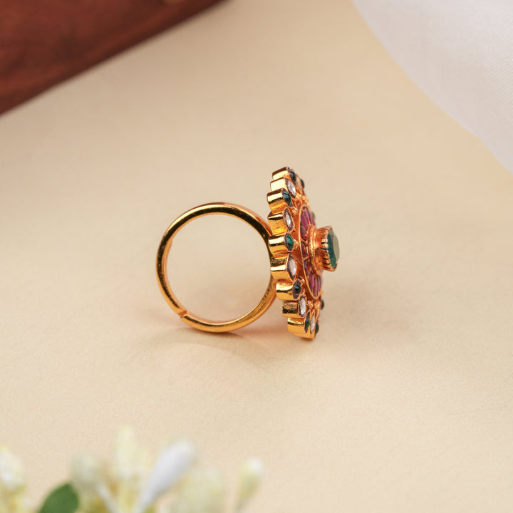 Traditional Floral Kundan Ruby Emerald Ring