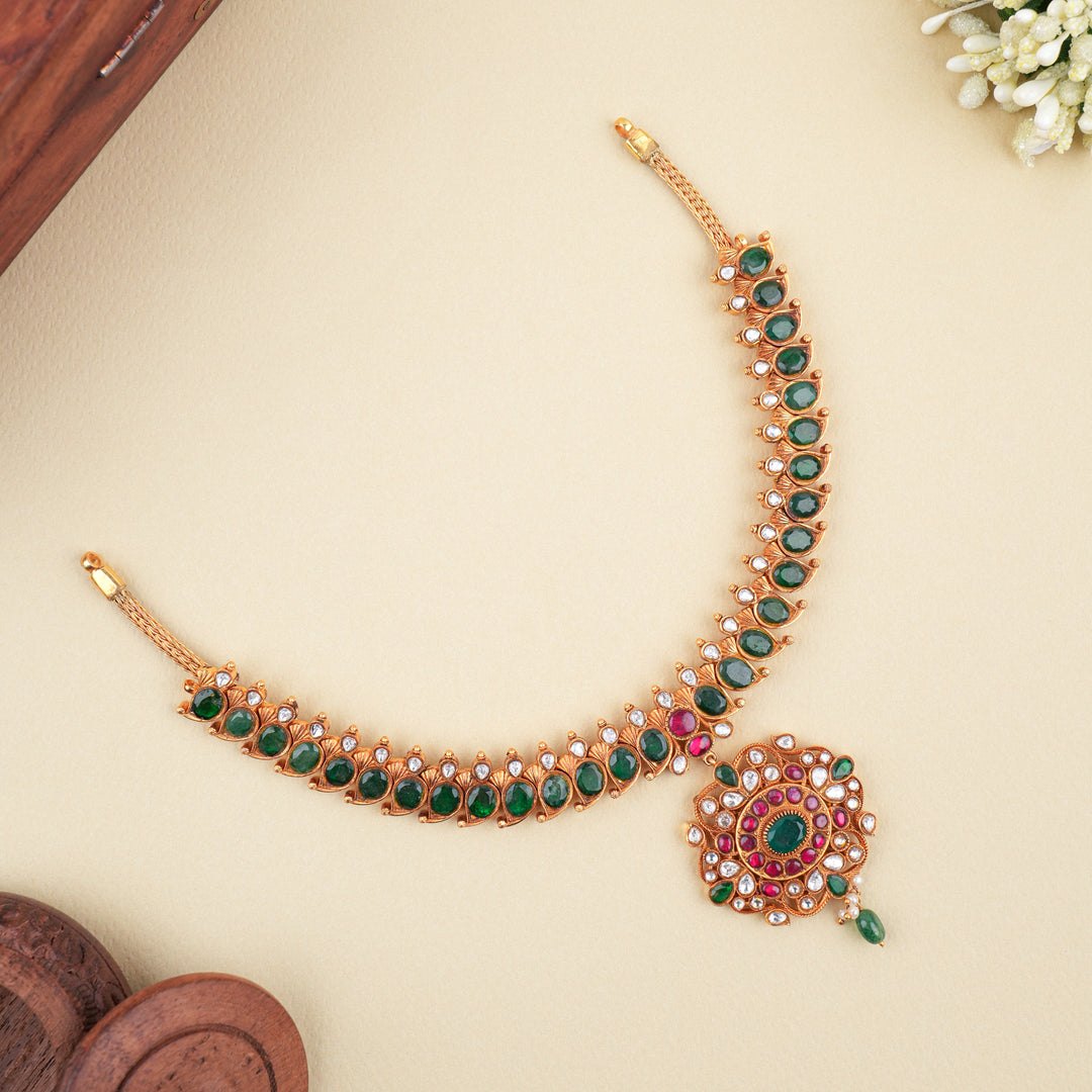 Traditional Mango Design Golden Green Stone Kundan Necklace
