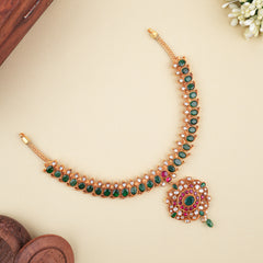 Traditional Mango Design Golden Green Stone Kundan Necklace