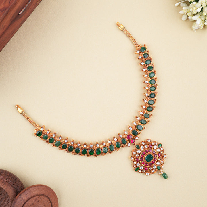 Traditional Mango Design Golden Green Stone Kundan Necklace