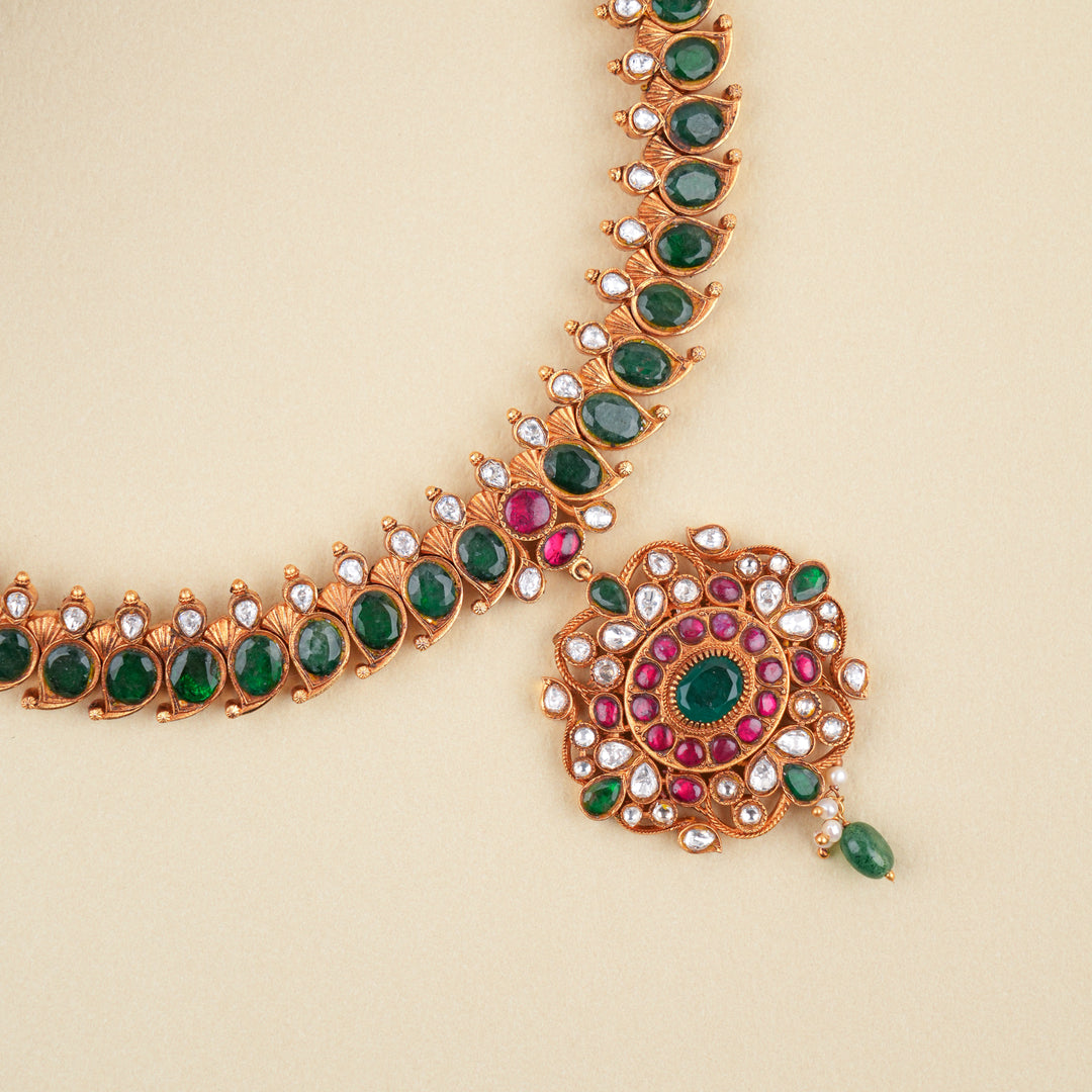 Traditional Mango Design Golden Green Stone Kundan Necklace