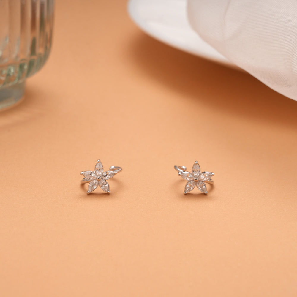 Sparkling Floral White Stone Silver Ear Cuff