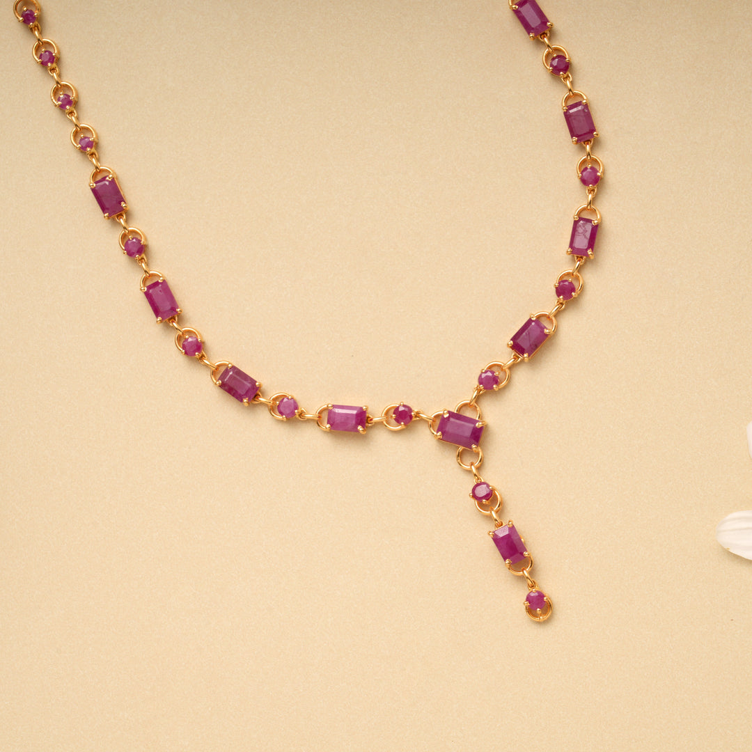 Tiny Charm Rectangular Ruby Drops Gold Necklace