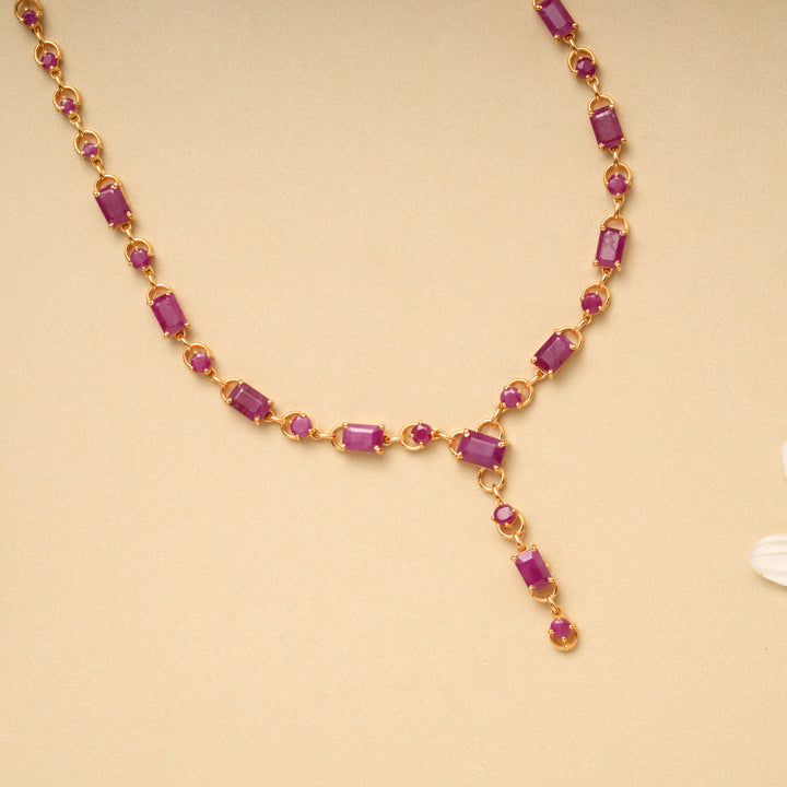Tiny Charm Rectangular Ruby Drops Gold Necklace