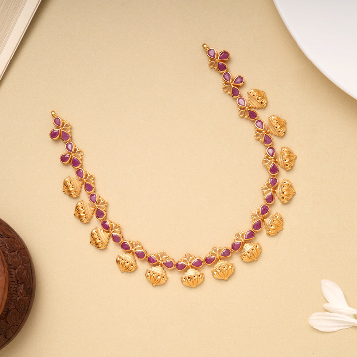 Blooming Flower Pot Ruby Gold Necklace