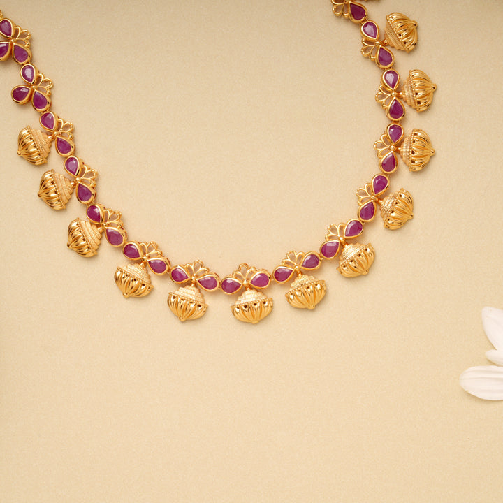 Blooming Flower Pot Ruby Gold Necklace