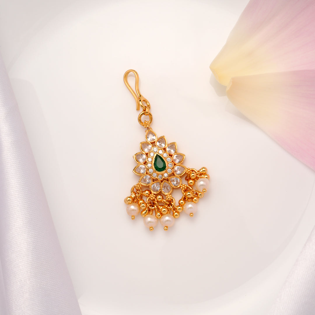 Emerald Gold Plated Pearl Drops Tikka