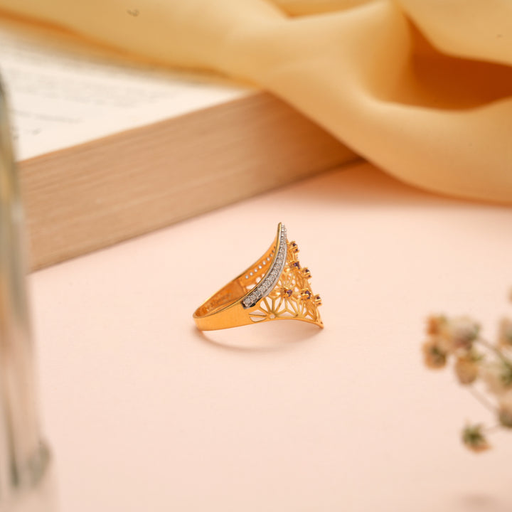 Designer Two Stone Floral Pattern Gold Ring