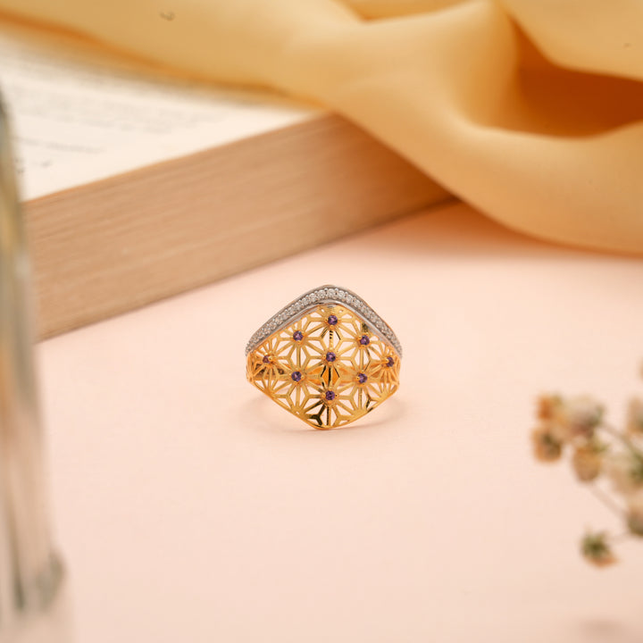 Designer Two Stone Floral Pattern Gold Ring