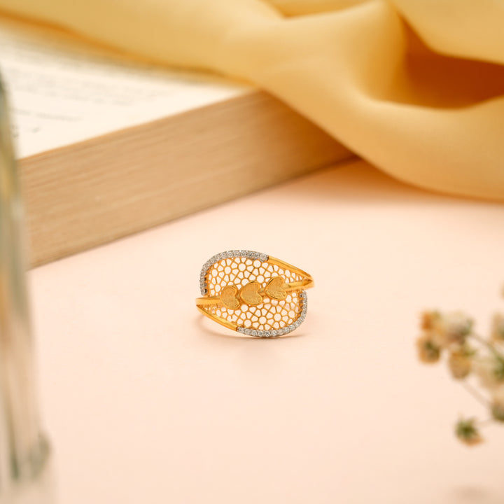 Tri Heart Floral Gold Ring