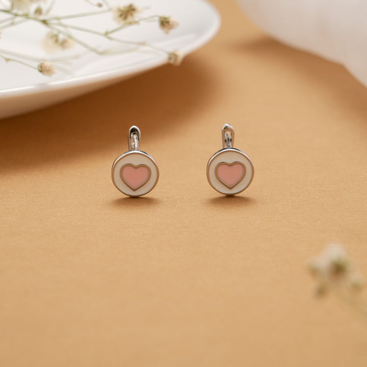Silver Pink Enamel Heart Circle Earrings