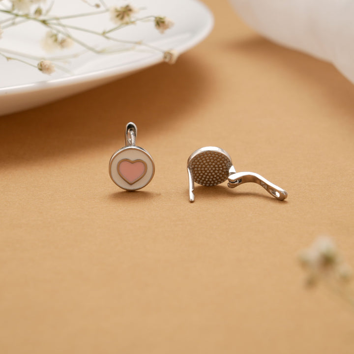Silver Pink Enamel Heart Circle Earrings