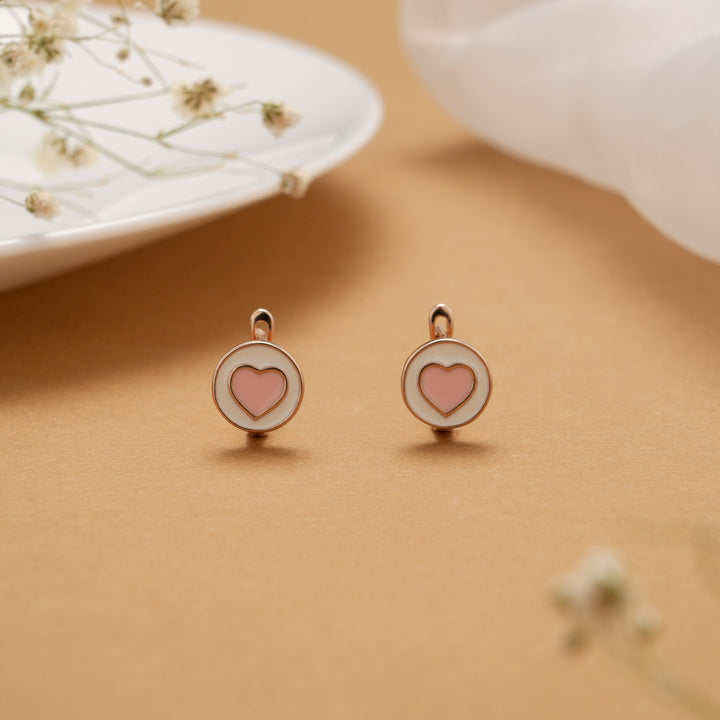 Rose Gold Pink Enamel Heart Silver Earrings