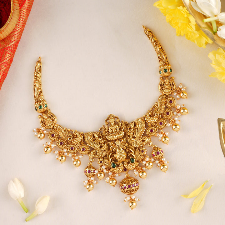 Goddess Lakshmi with Peacock Design Necklace