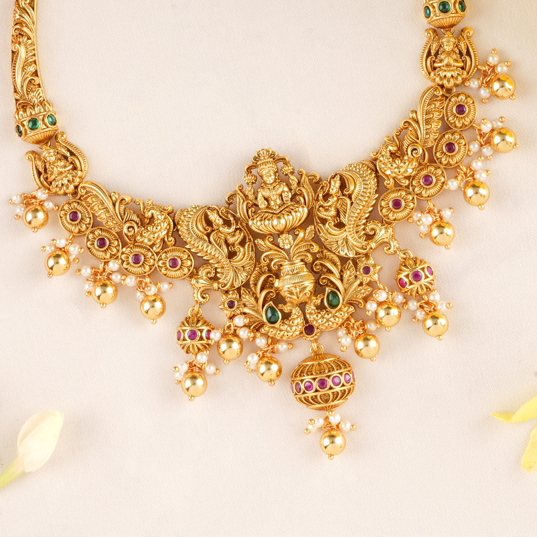 Goddess Lakshmi with Peacock Design Necklace
