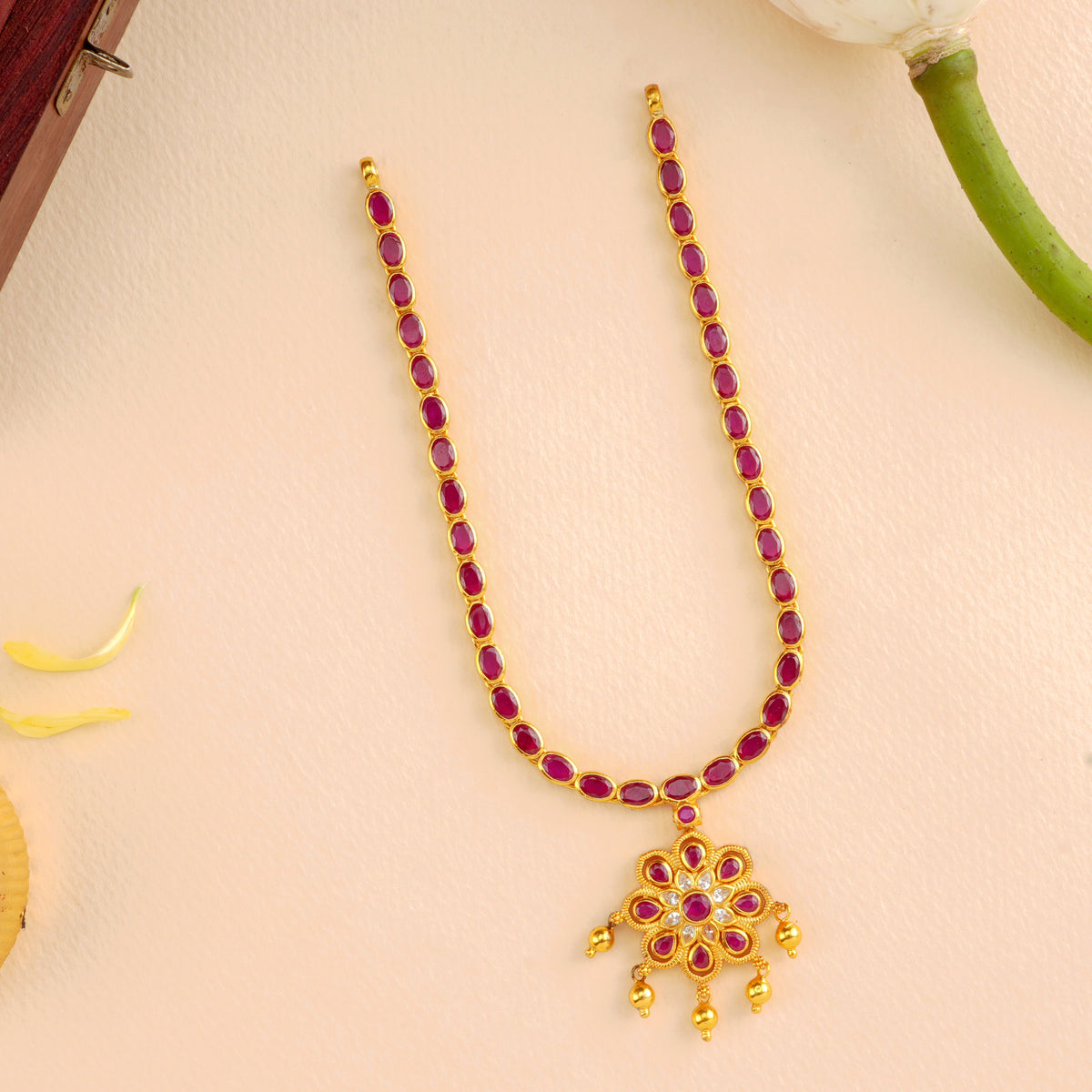 Ruby Oval Stone with Floral Drops Necklace