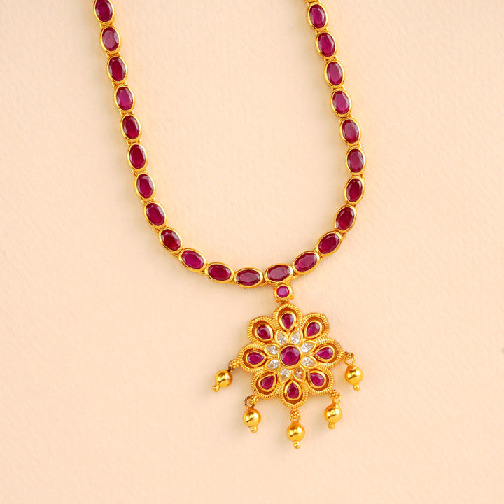 Ruby Oval Stone with Floral Drops Necklace