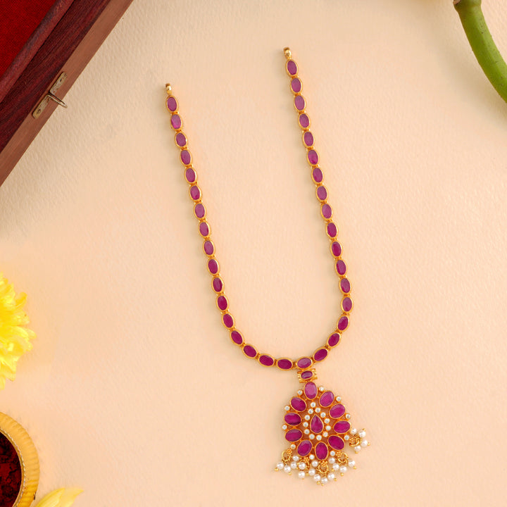 Timeless Ruby Flower with Pearl Drops Necklace