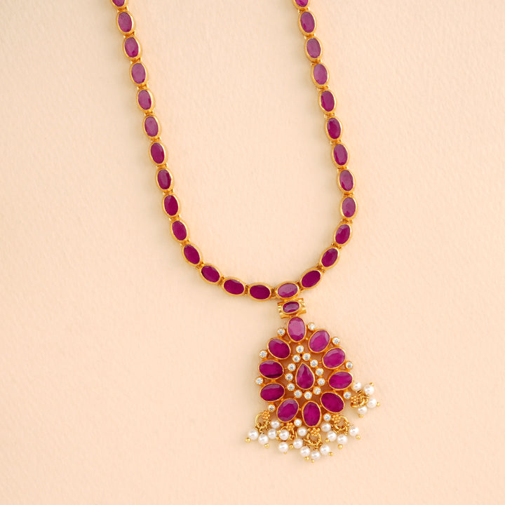Timeless Ruby Flower with Pearl Drops Necklace