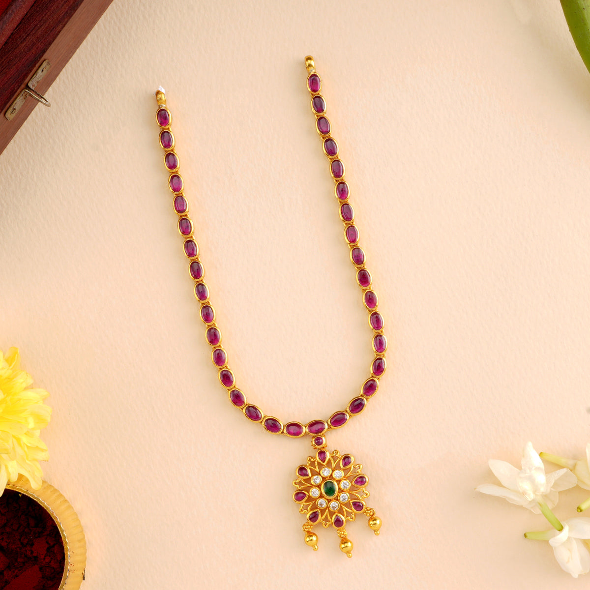 Ruby Flower Motif Golden Drops Necklace