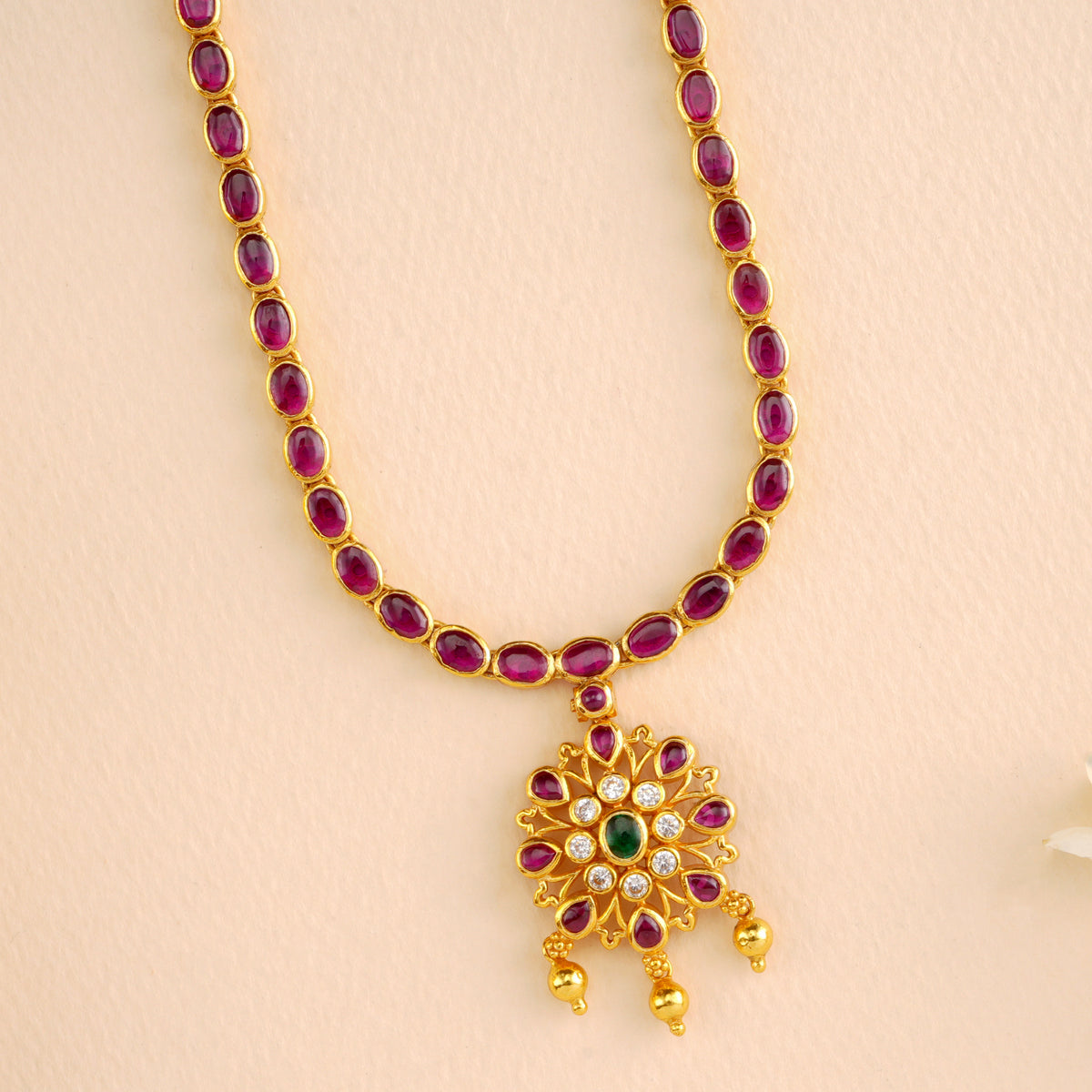 Ruby Flower Motif Golden Drops Necklace