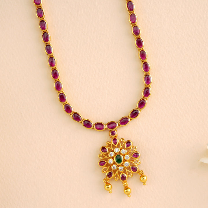 Ruby Flower Motif Golden Drops Necklace