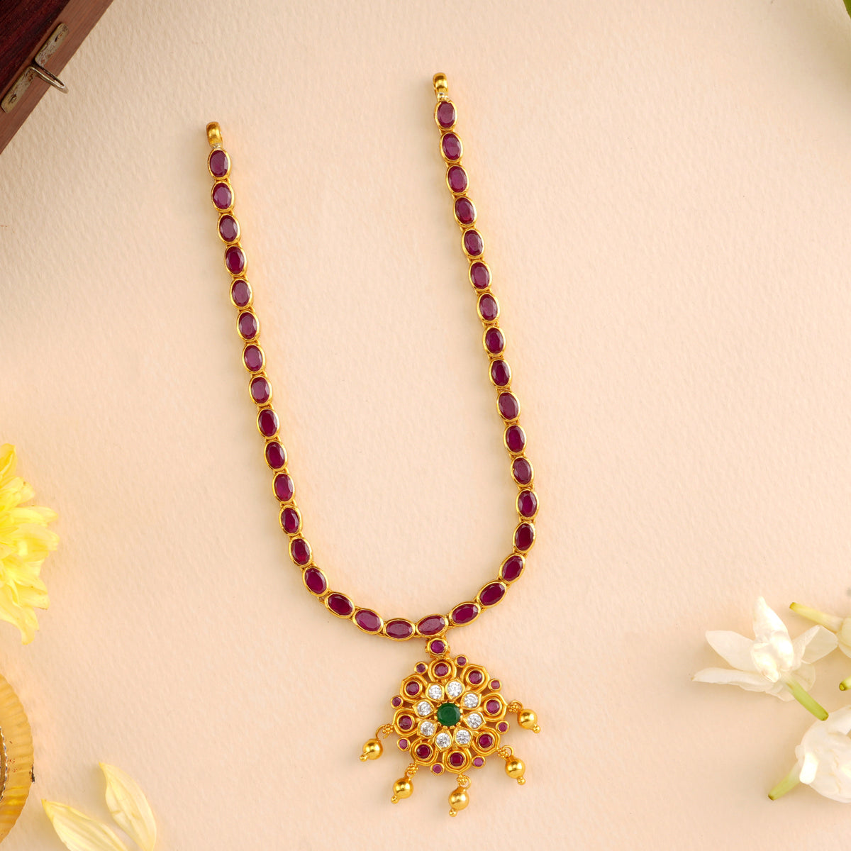 Elegant Ruby Blossom Golden Bead Drop Necklace
